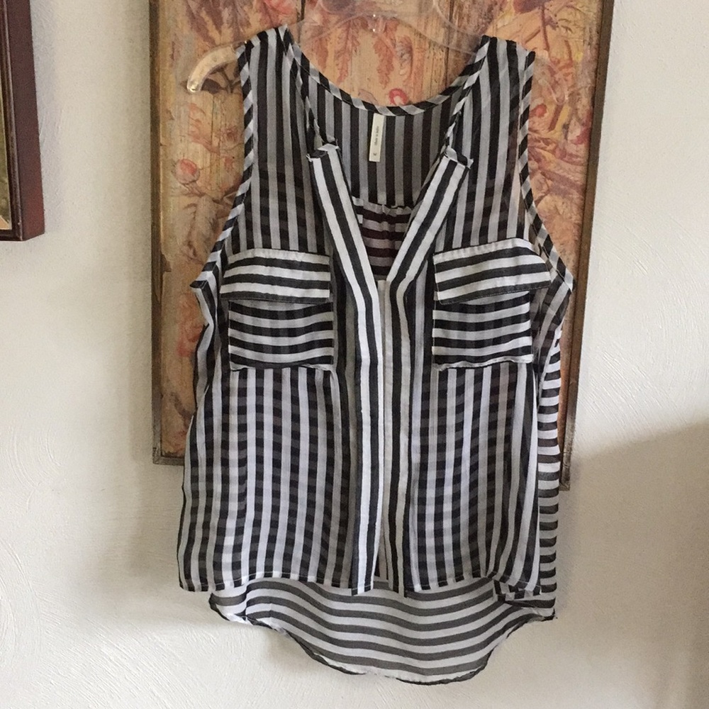 LF Y2K SHEER TOP BLACK WHITE STRIPED CAREER BLOUSE TOP M